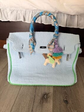BEACH HAUS Light Blue Terry Tote with Scarf-Wrapped Handle and Tassel Charm